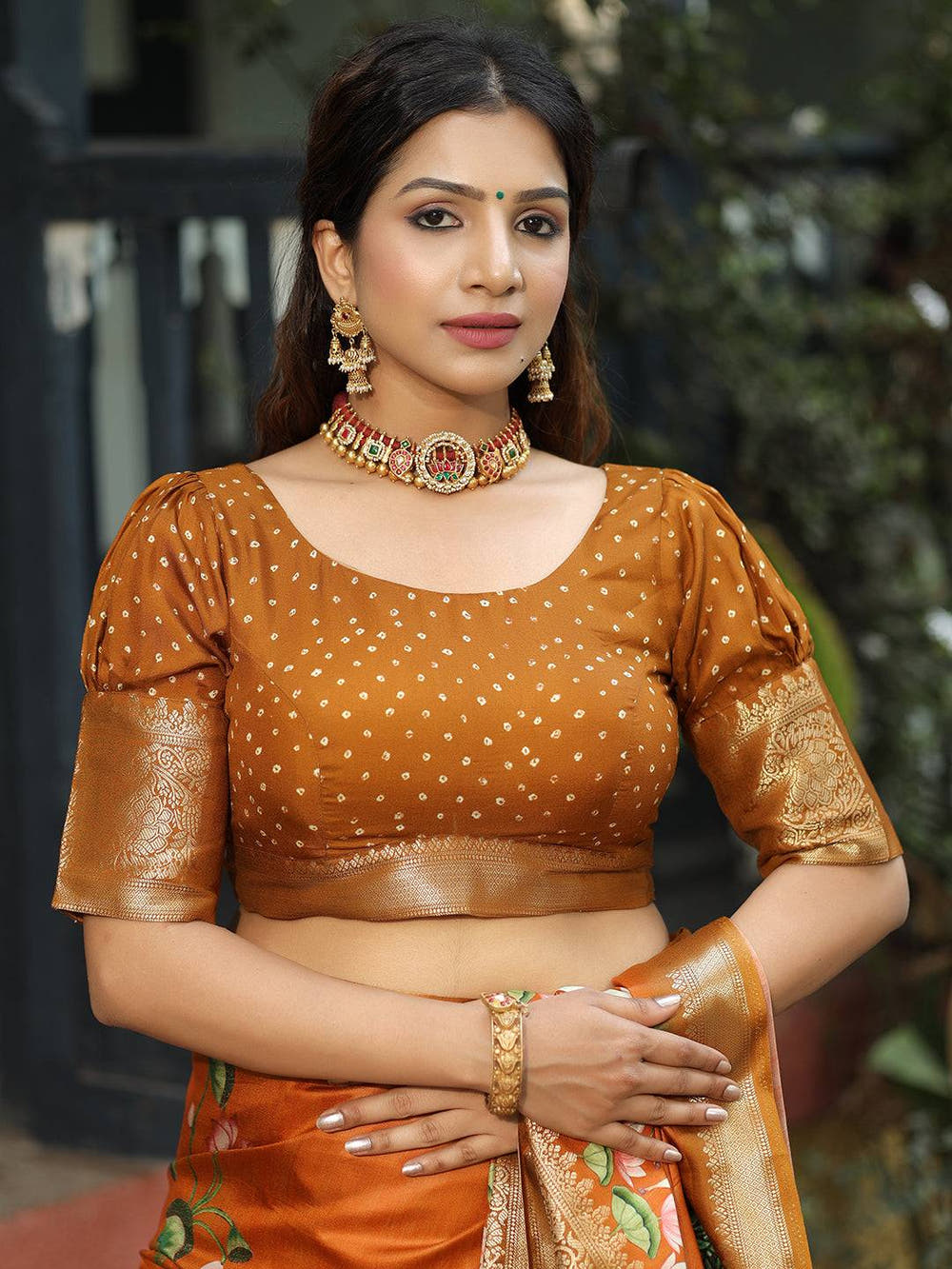 Viscose Dola Silk Orange Colour Saree with Floral and Mughal Print - Luxe