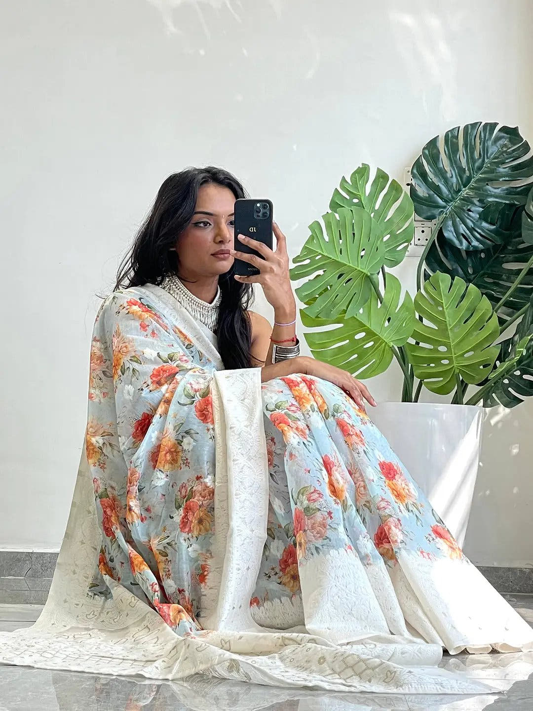 Multi Colour Digital Print Bollywood Saree in Lakhnavi Slub Pattern