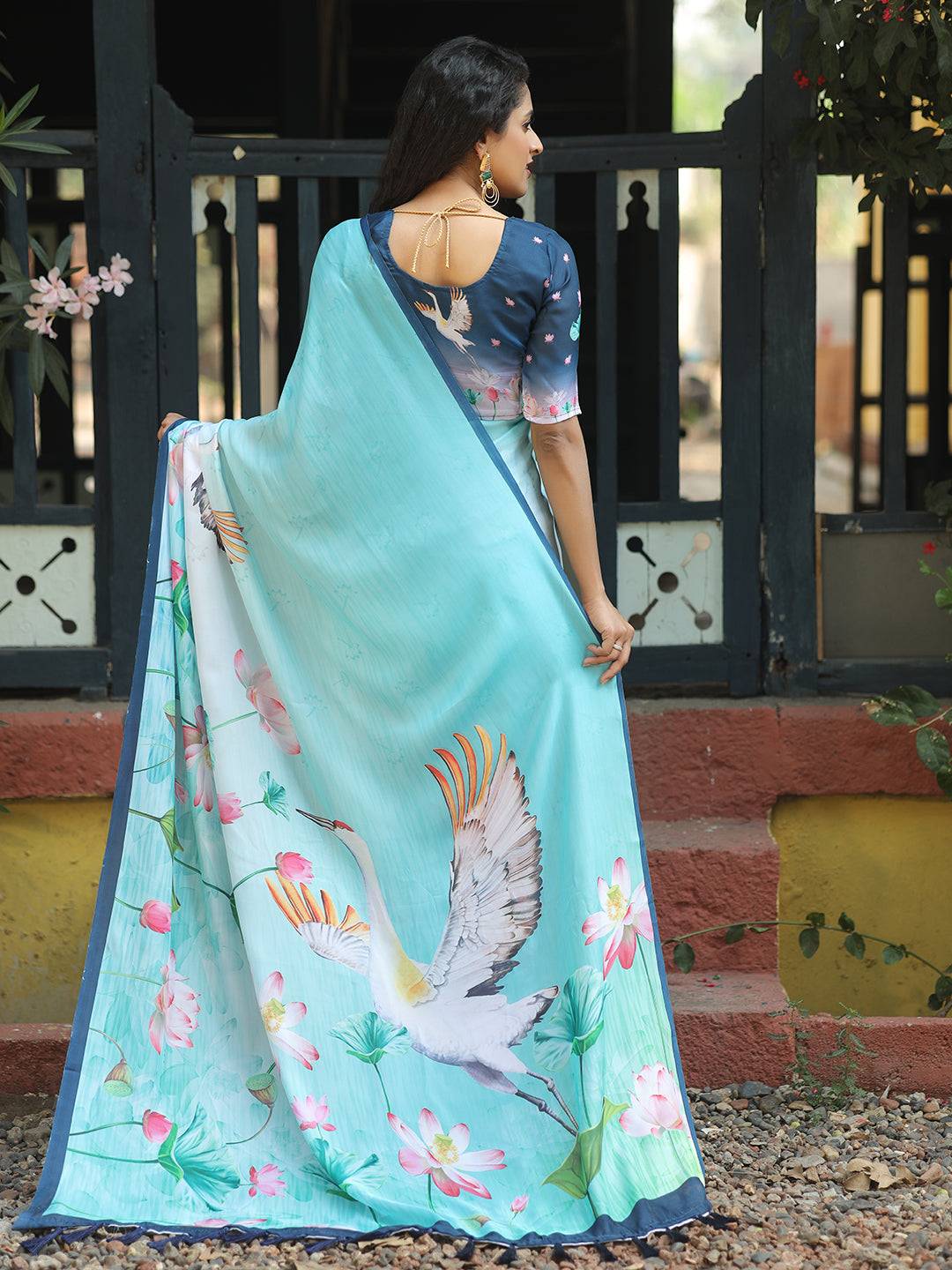 Satin Georgette Aqua Colour Hand Print Saree - Luxe