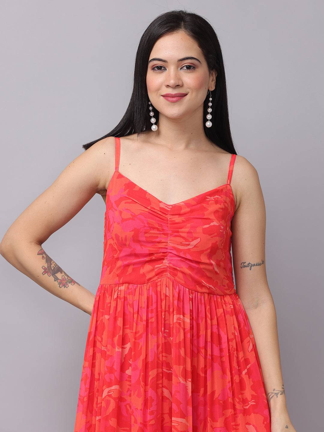 Radiant Red Floral Ruched Maxi