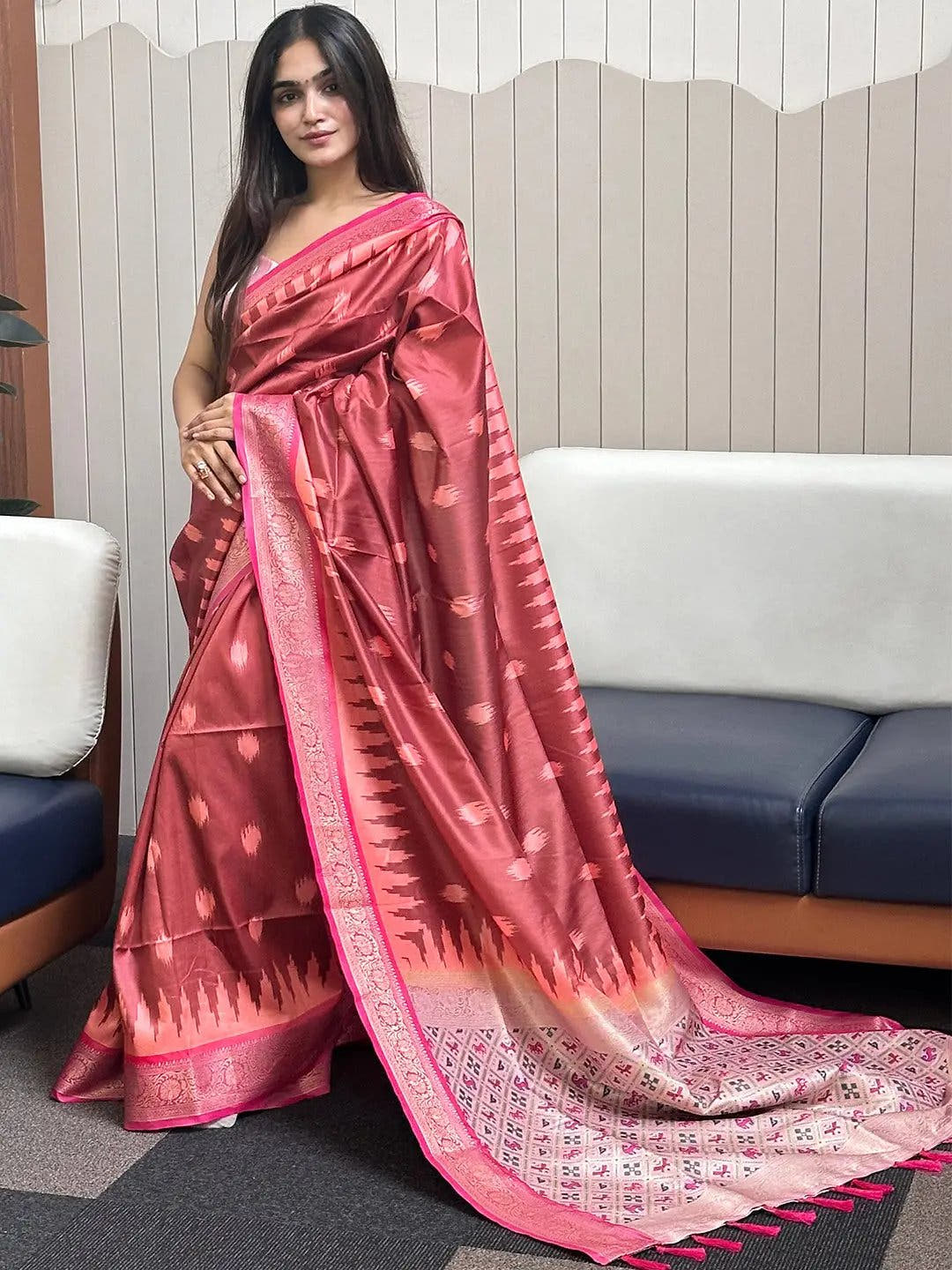 Brown Soft Banarasi saree With Zari Patola Pallu.