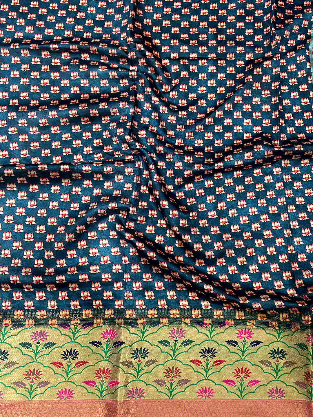 Teal Freehand Digital Print Soft Silk Saree