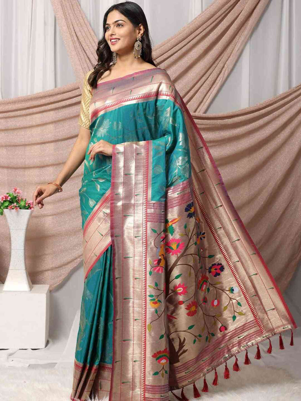 Silk Blend Woven Zari Work Paithani Saree In Rama Colour