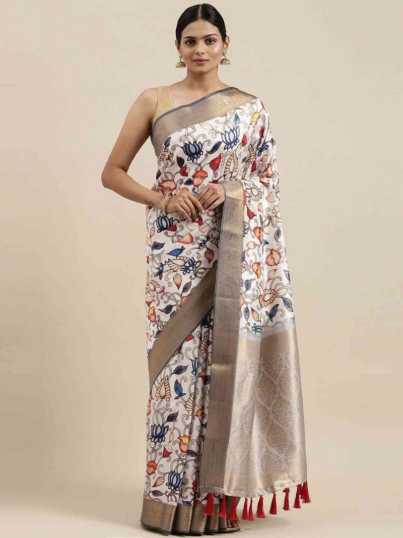 Banarasi White Colour Floral Print And Zari Border Saree