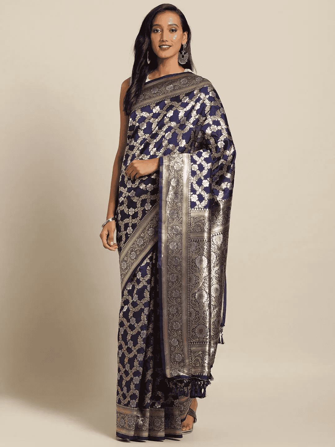 Navy Colour Pure Banarasi Silk Zari Woven Design Saree