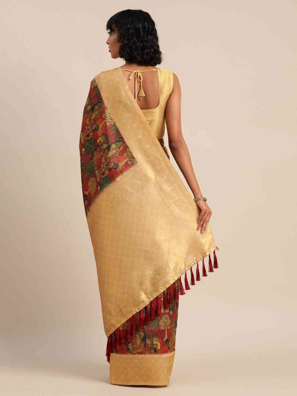 Kalamkari Printed Red Colour Festive Saree With Zari Border