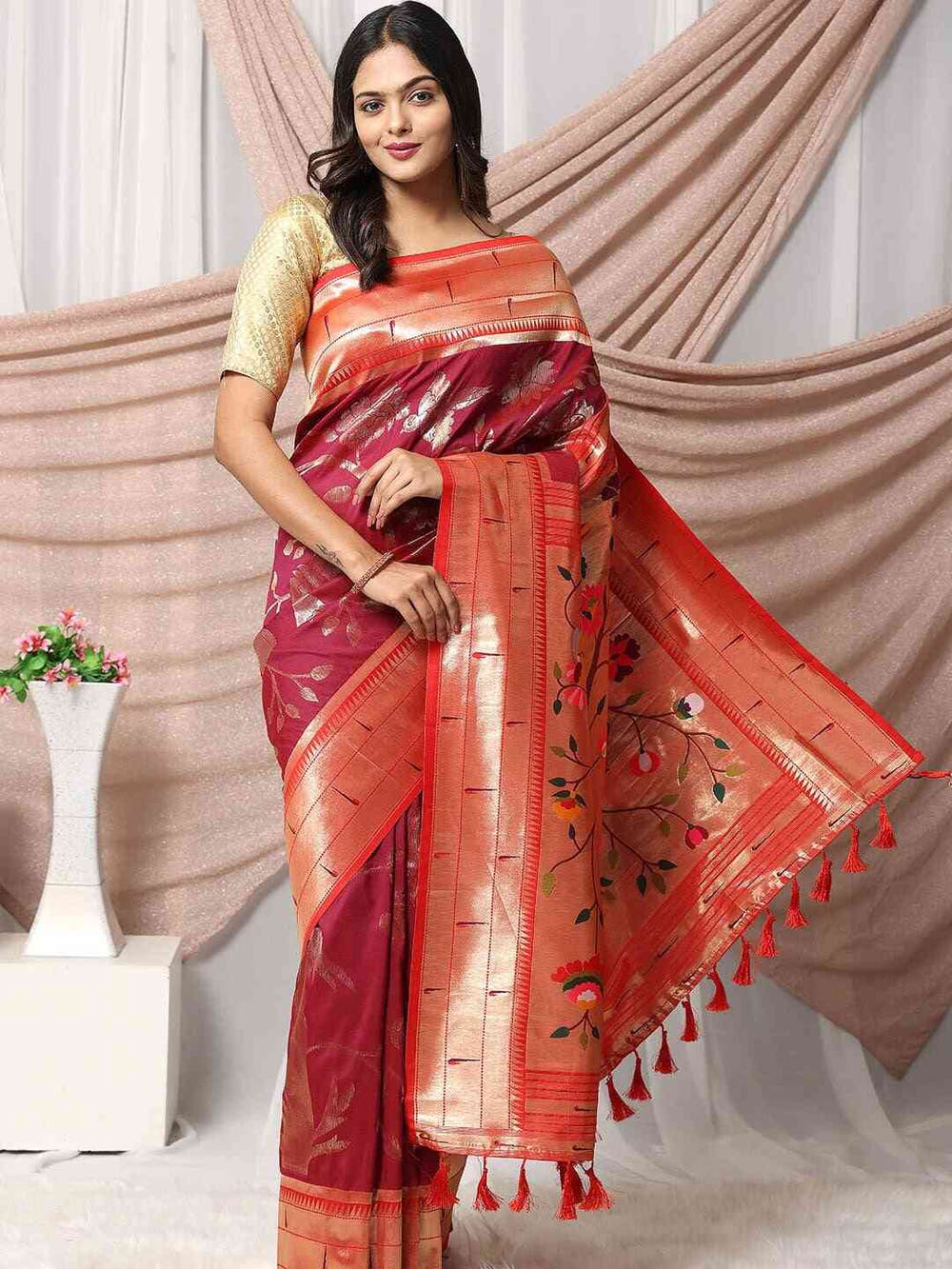 Maroon Paithani Silk Blend Saree
