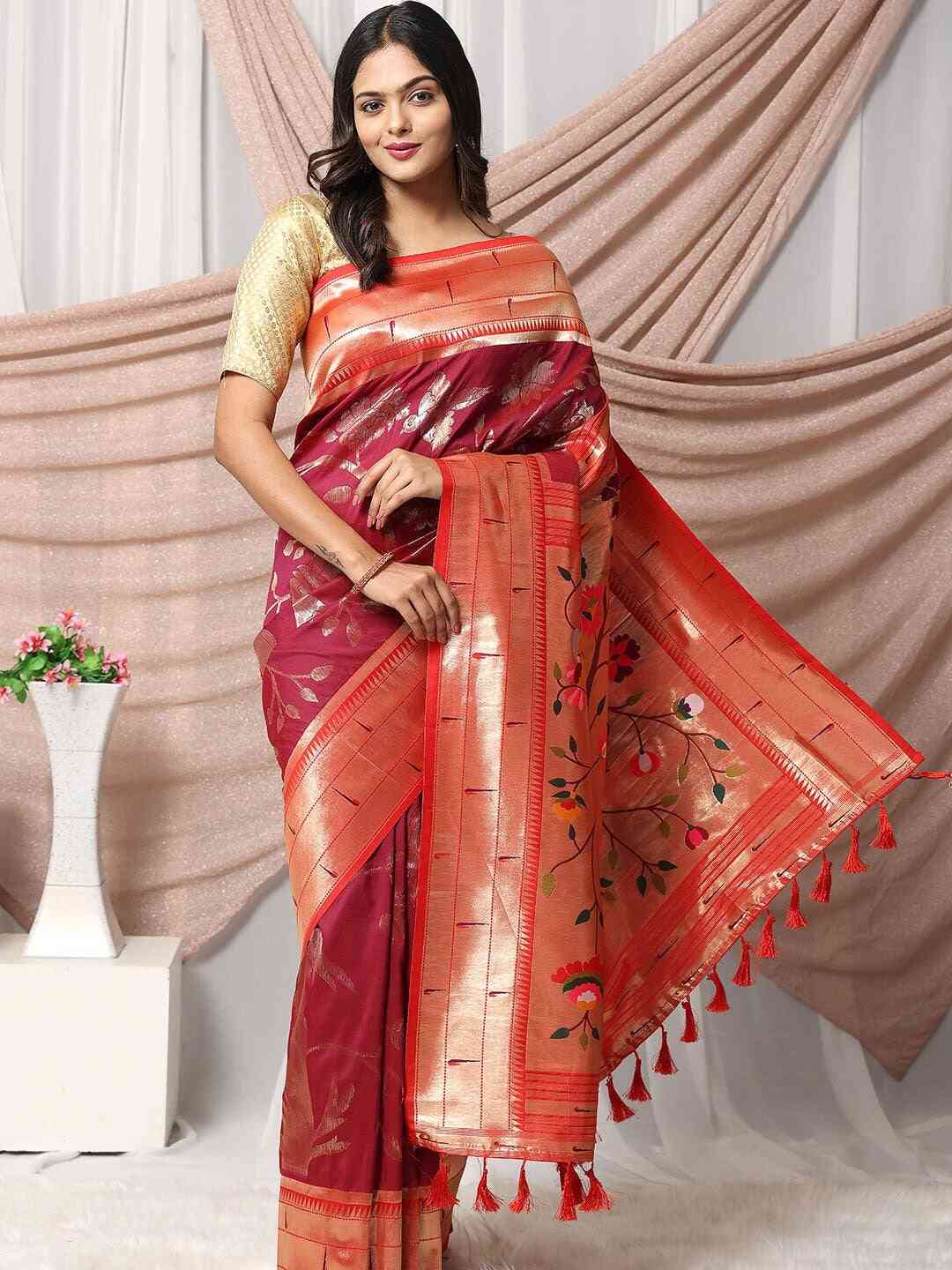 Maroon Paithani Silk Blend Saree