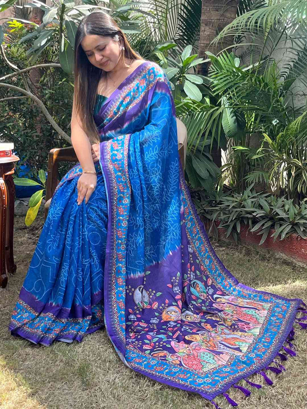 Royal Blue Design Linen Saree with Bandhej and kalamkari Digital Print