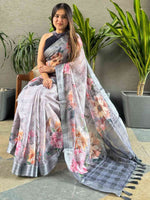 Grey Colour Traditional Self Zari Chex Weaving Floral Print Saree