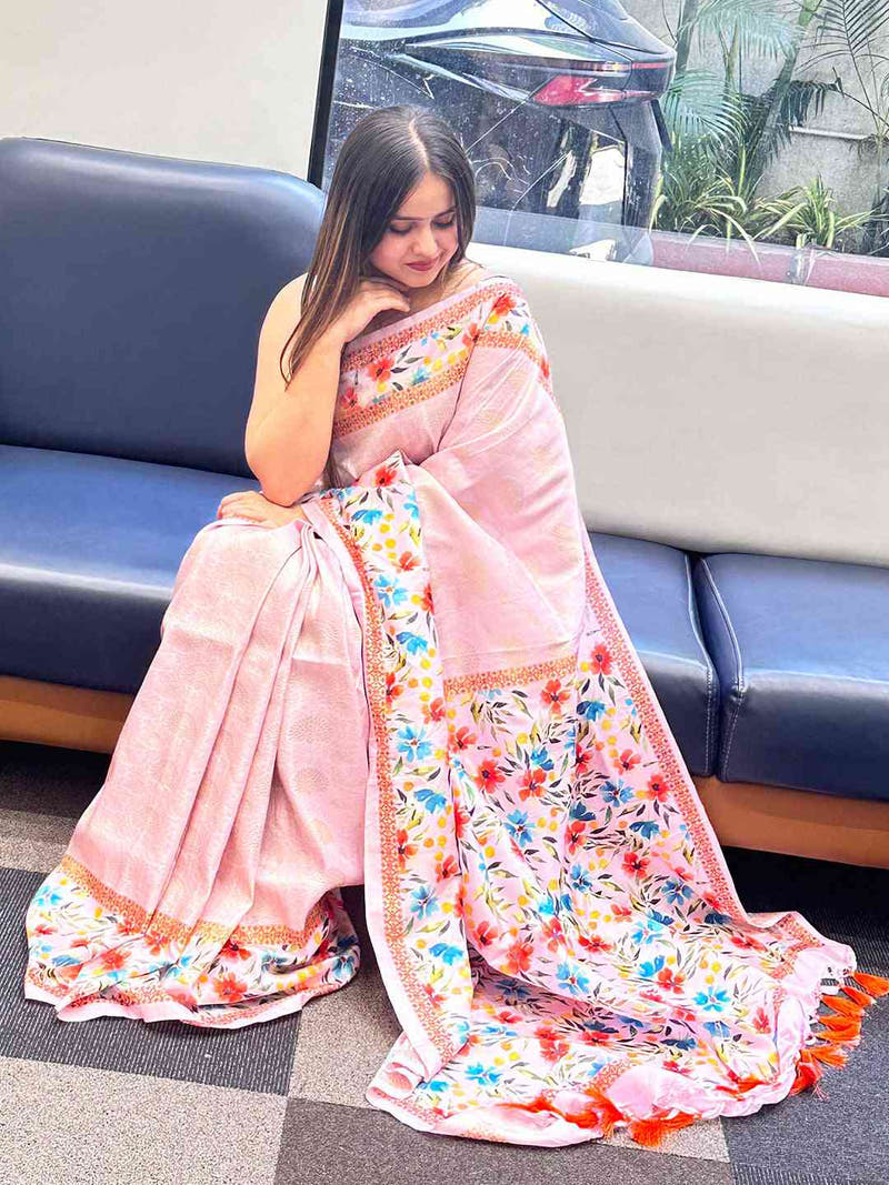 Light Pink Colour Kanjivaram Weaving Saree With Print