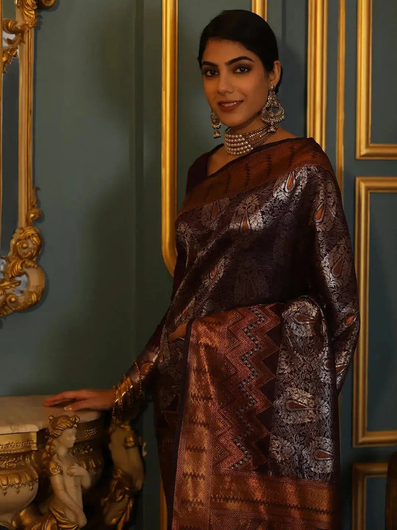 Wine Colour Kanjivaram Silk Saree With Zari Work