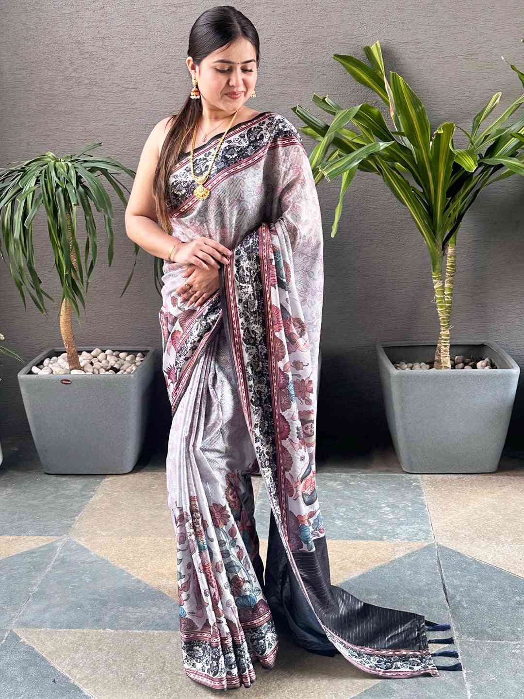 Grey Colour Satin Kota Doria Digital Kalamkari Zari Pallu