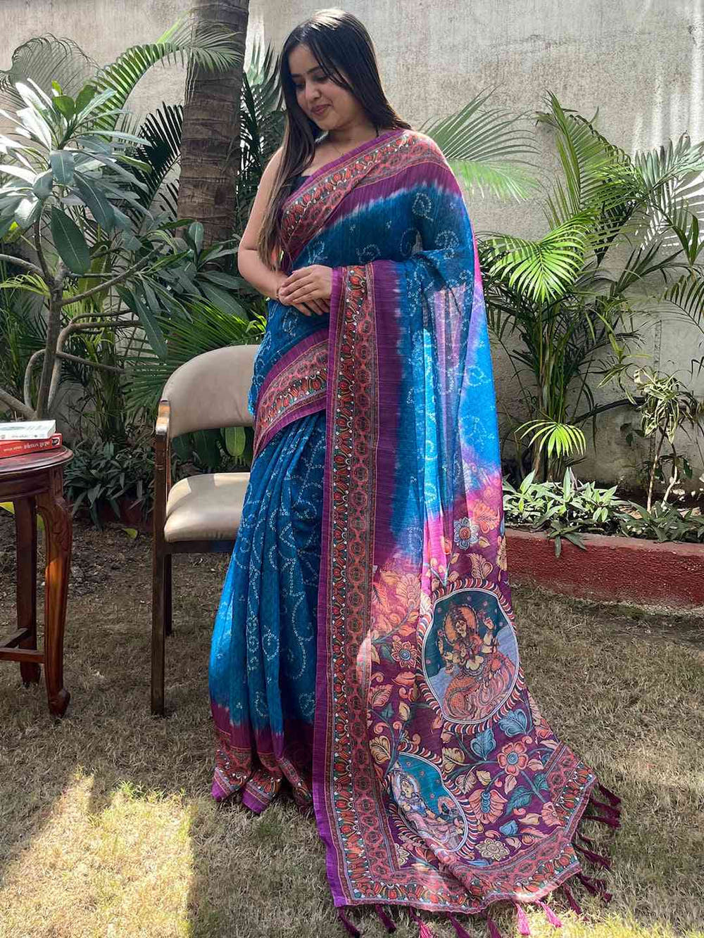 Blue Colour Design Linen Saree with Bandhej and kalamkari Digital Print
