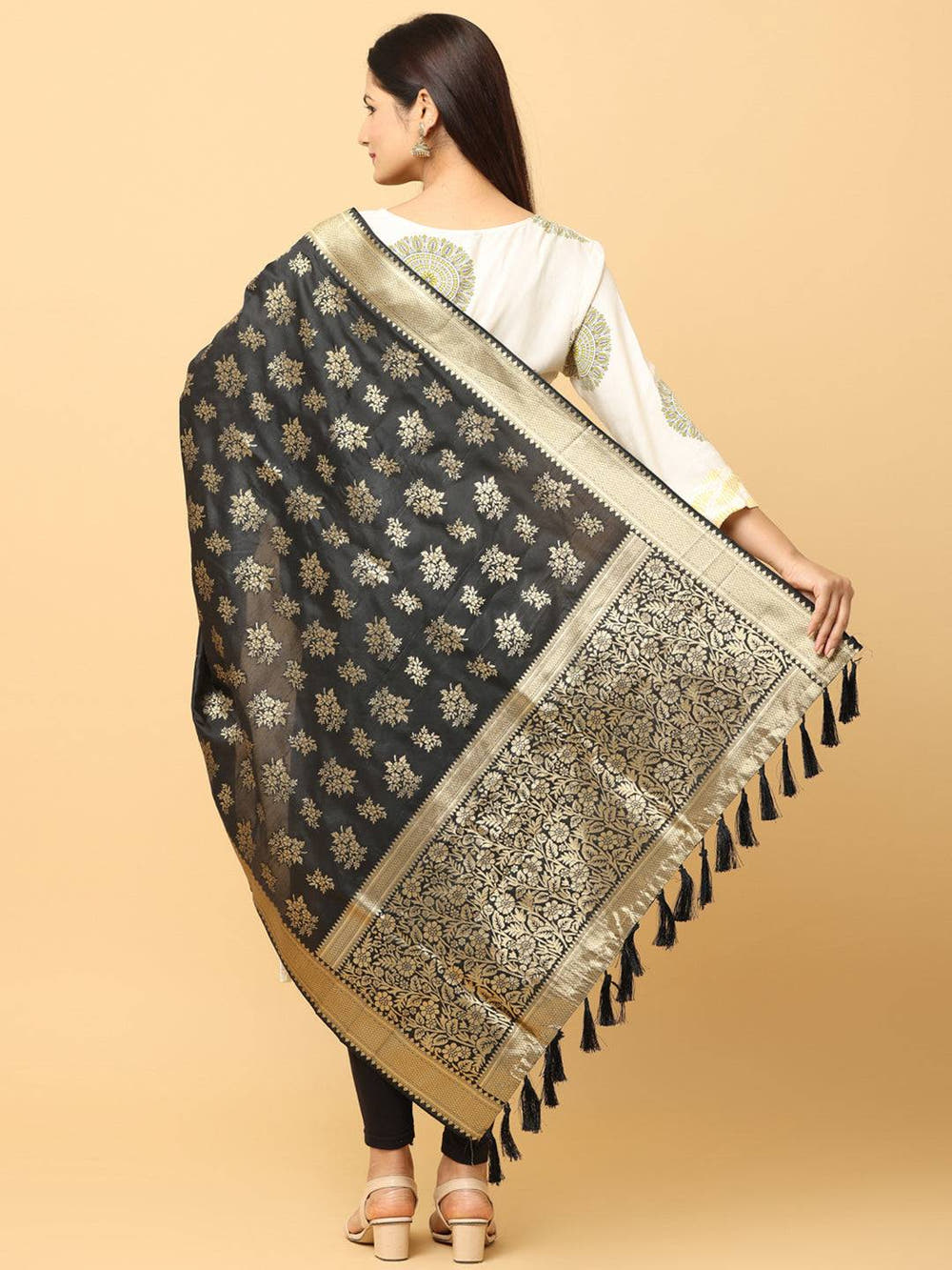 Woven Design Black Silk Blend Dupatta With Resham Tassels
