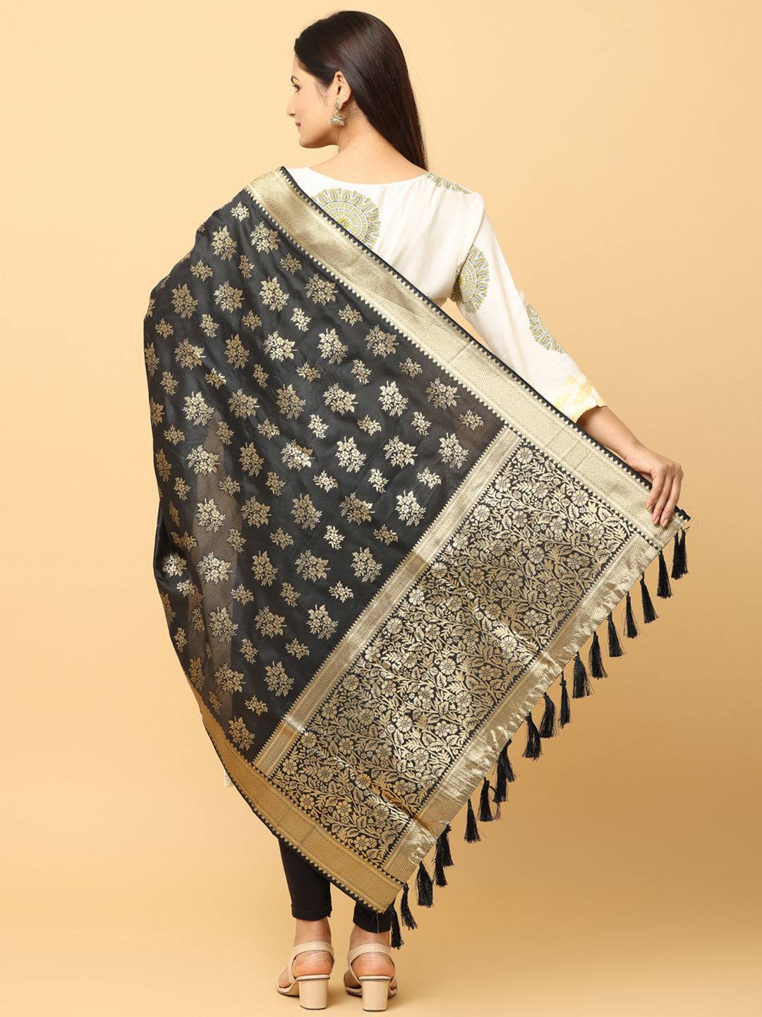Woven Design Black Silk Blend Dupatta With Resham Tassels