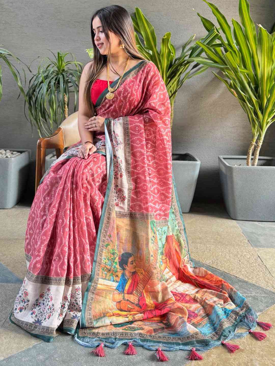 Gajari Colour Ikkat Print Saree With kalamkari Block Print Design