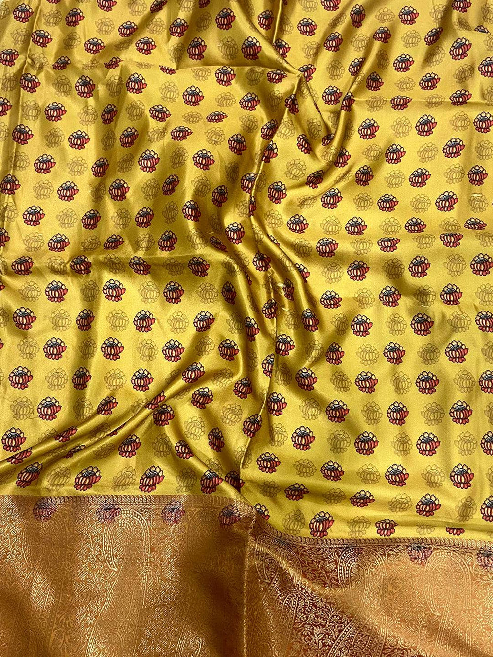 Lemon Yellow Cherry Satin Kalamkari Saree