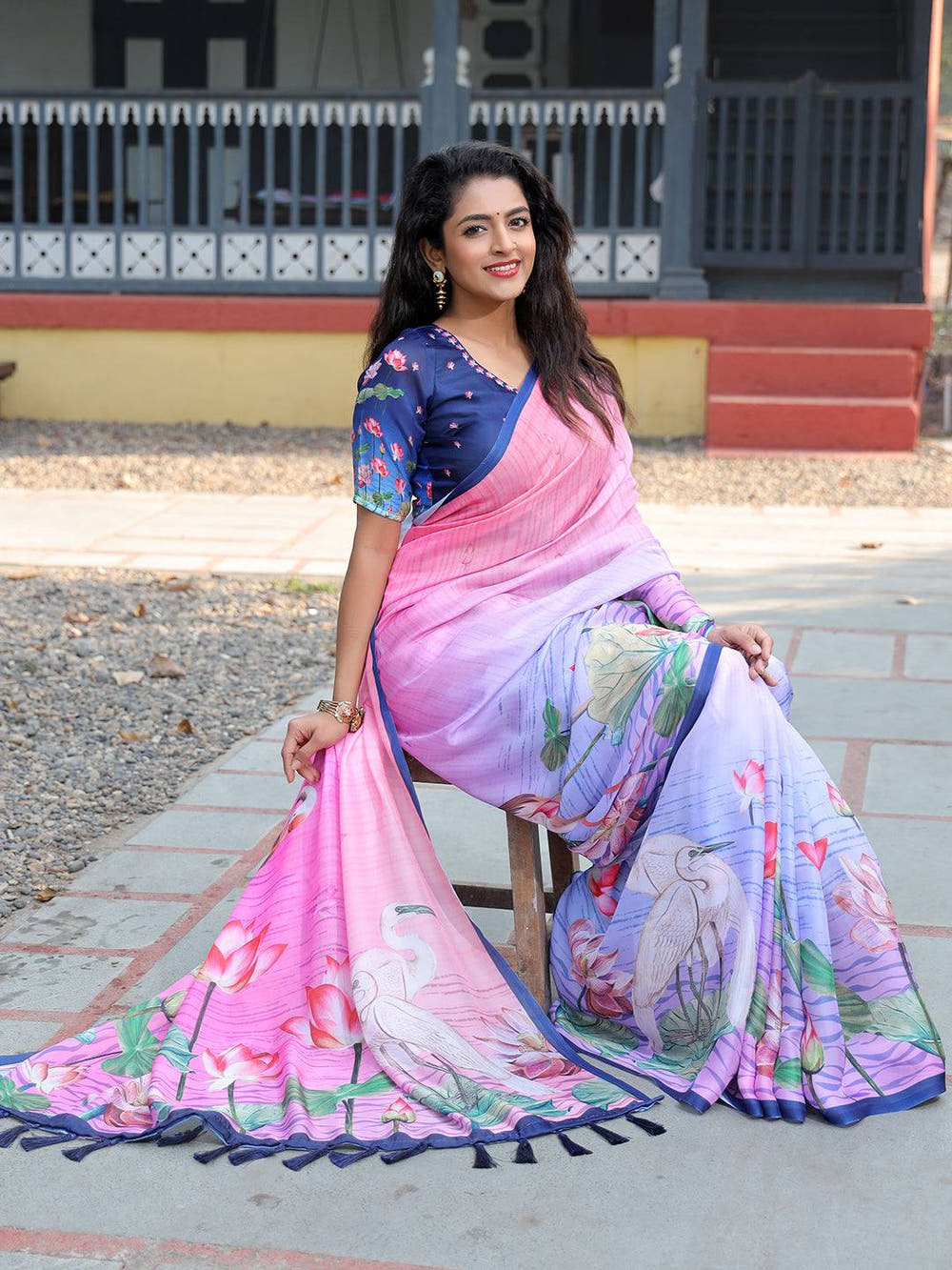 Satin Georgette Dark Pink Colour Hand Print Saree - Luxe