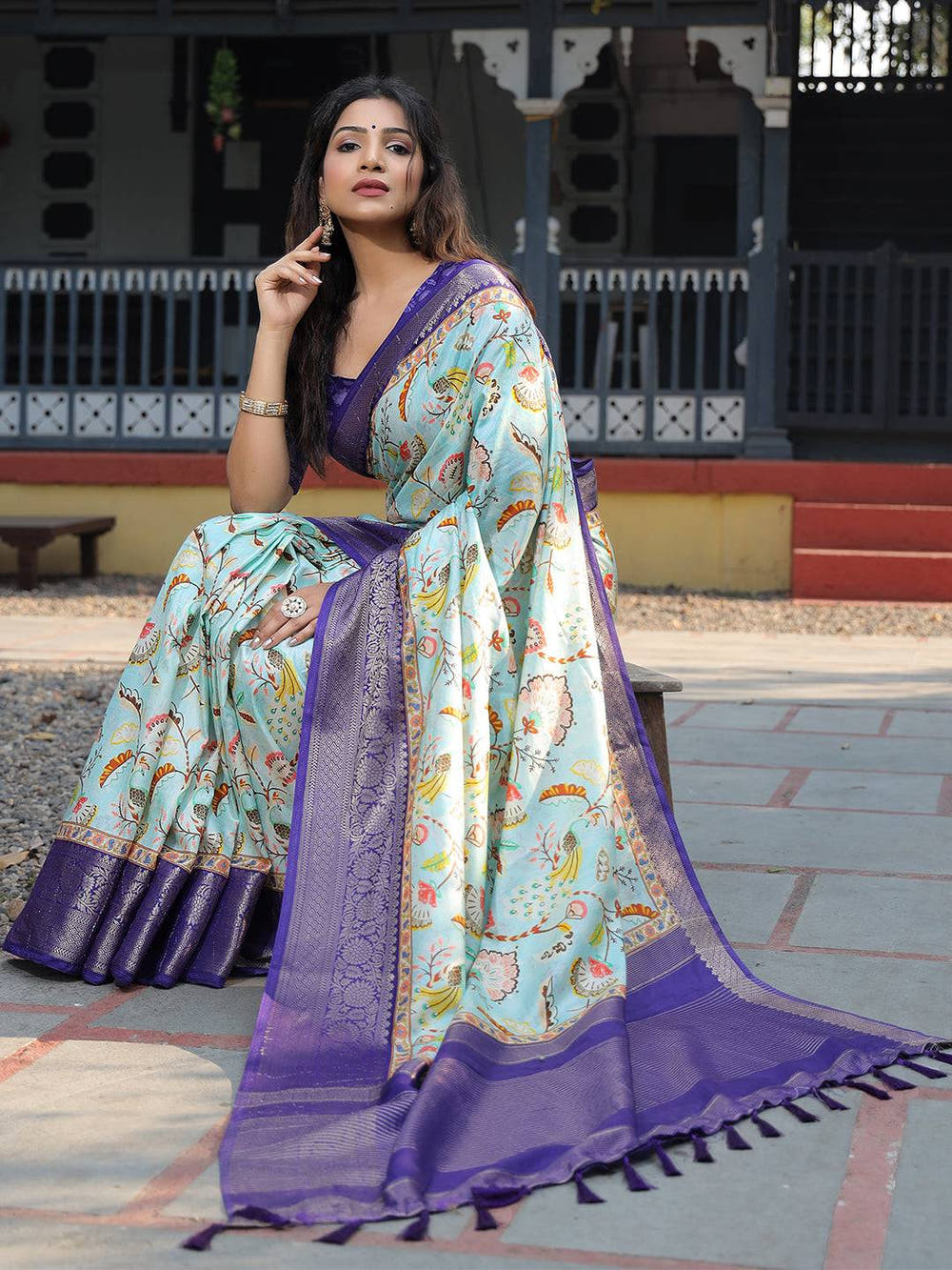 Sky Blue Colour Phulkari Design Zari Weaving Pallu Saree - Luxe