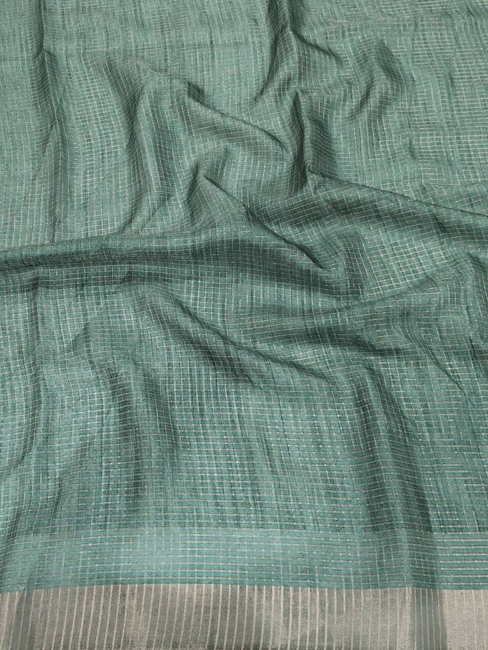 Green Tussar Chex Floral Print Saree