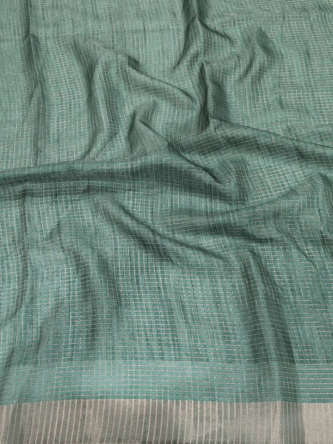Green Tussar Chex Floral Print Saree