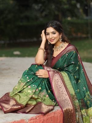 Bottle Green Colour Pure Viscose Dola Silk Saree With Mughal Motifs - Luxe