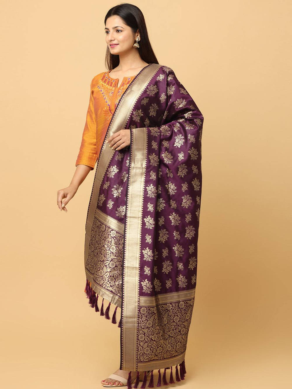 Woven Design Wine Silk Blend Dupatta With Resham Tassels