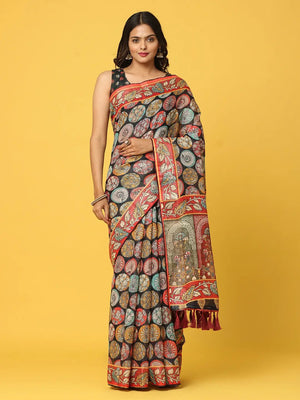 Soft Linen Kalamkari Block Print  With Sequin Border 