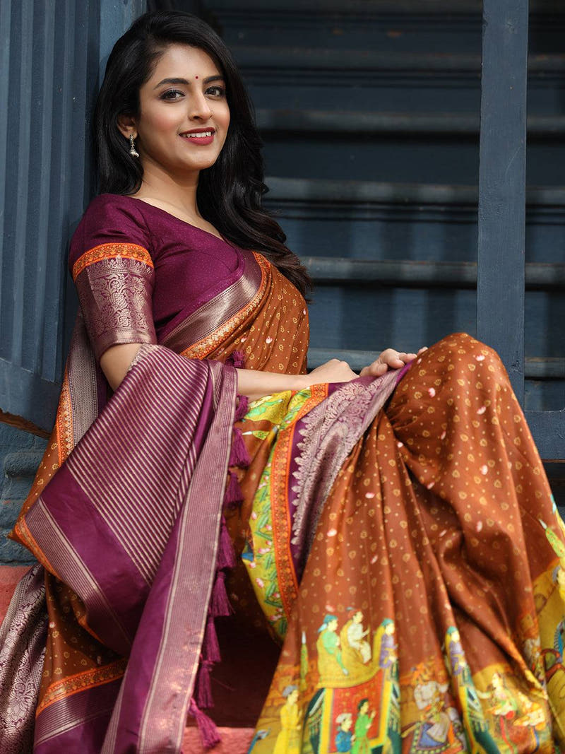 Brown Pure Viscose Dola Silk Saree with Exquisite Bhandhej Print - Luxe