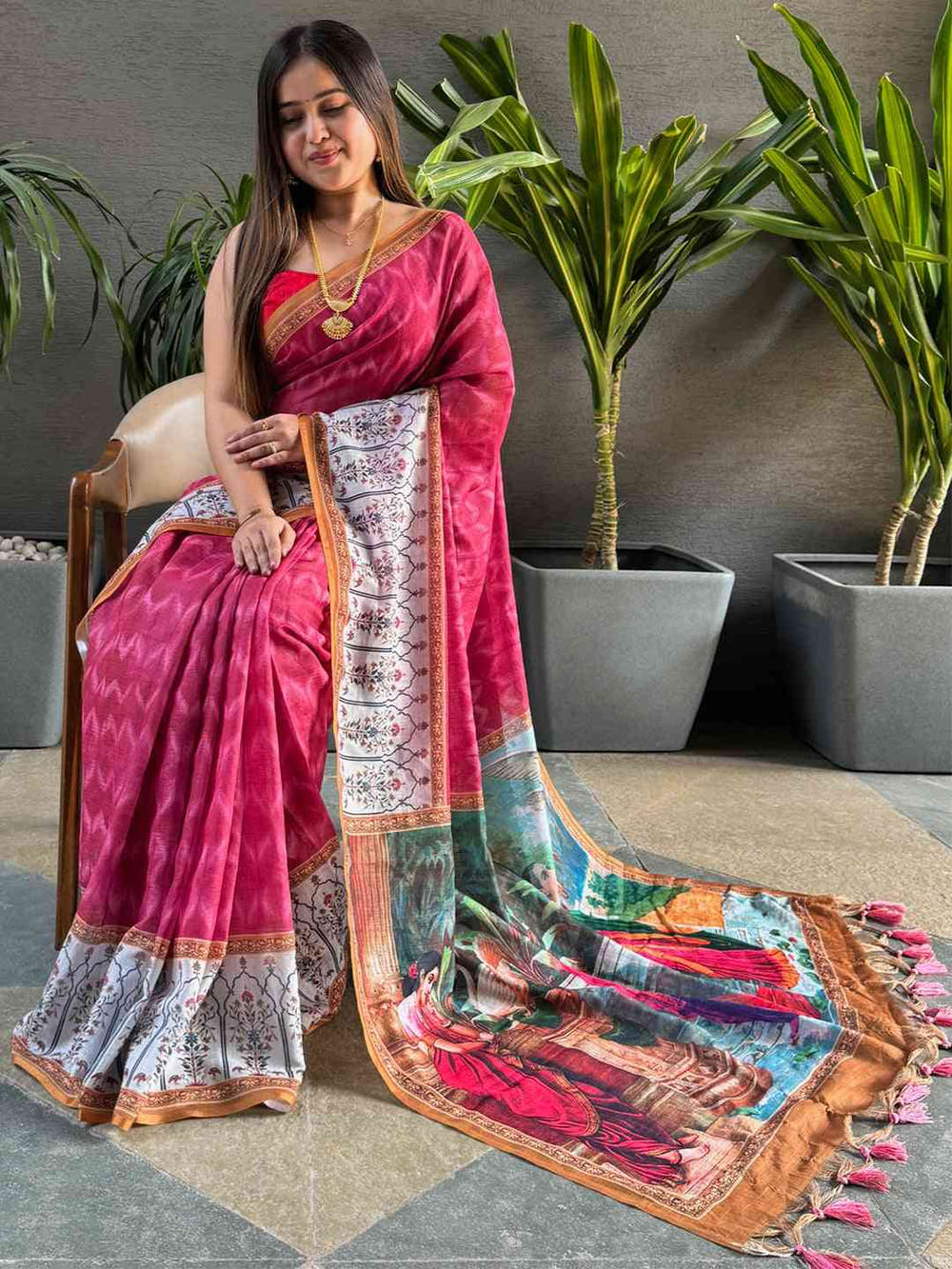 Rani Colour Ikkat Print Saree With kalamkari Block Print Design