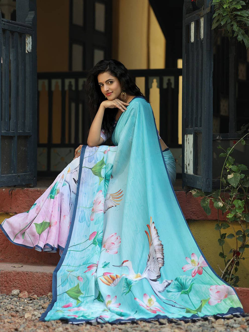 Satin Georgette Aqua Colour Hand Print Saree - Luxe