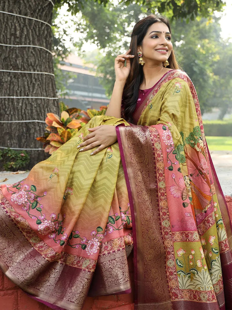Light Green Colour Pure Viscose Dola Silk Saree with Pichwai Kalamkari Print - Luxe