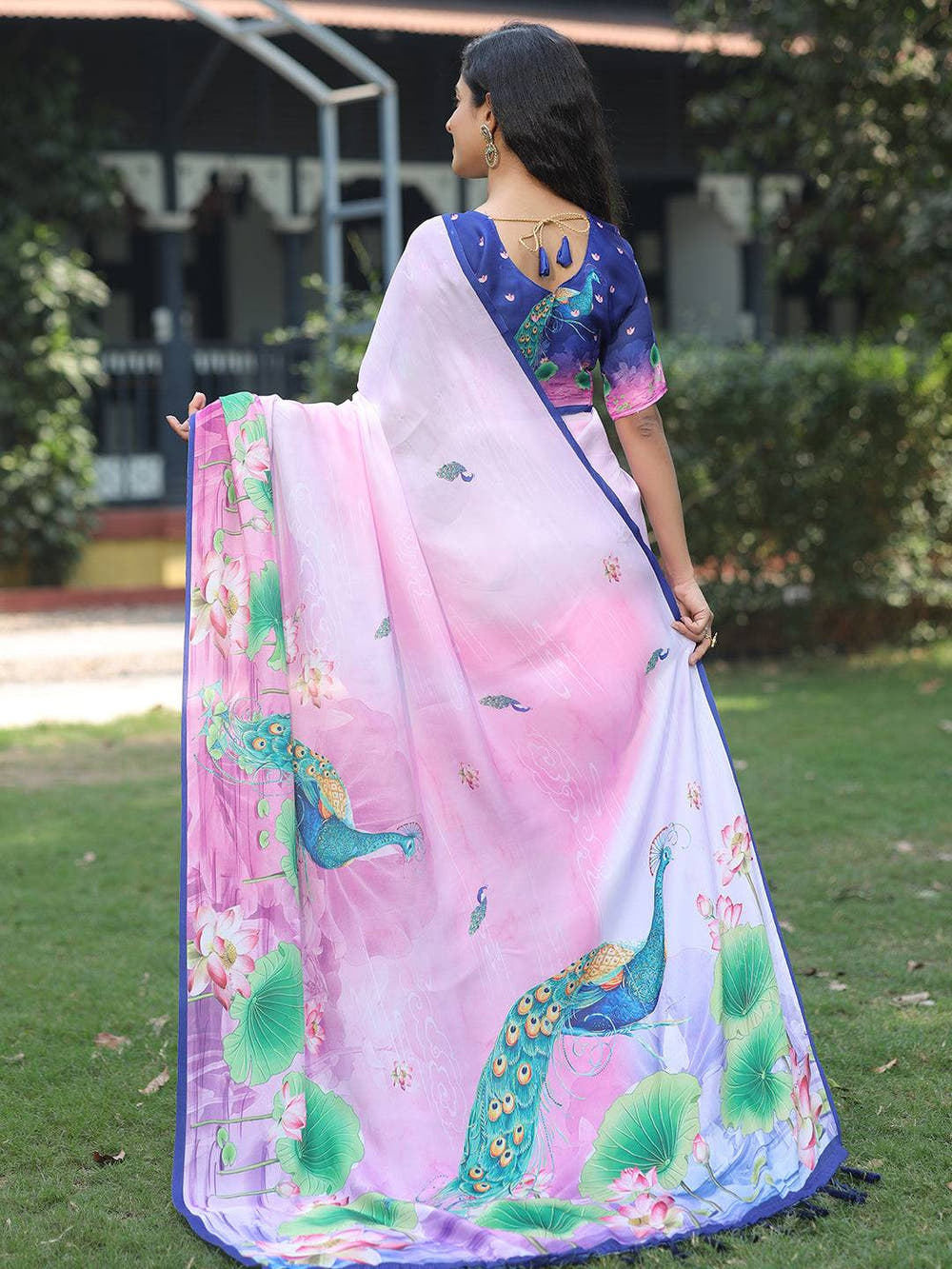 Satin Georgette Pink Colour Hand Print Saree - Luxe
