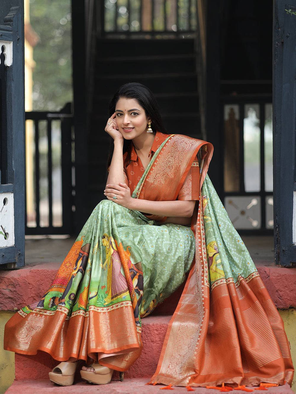 Pista Pure Viscose Dola Silk Saree with Exquisite Bhandhej Print - Luxe