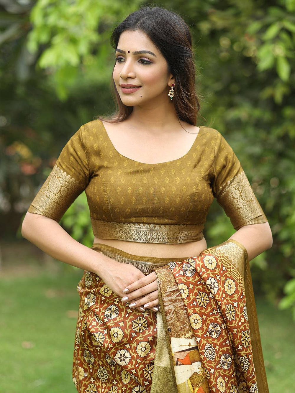 Brown Ajrak Block & Hand Kalamkari Printed Pure Viscose Dola Silk Saree - Luxe