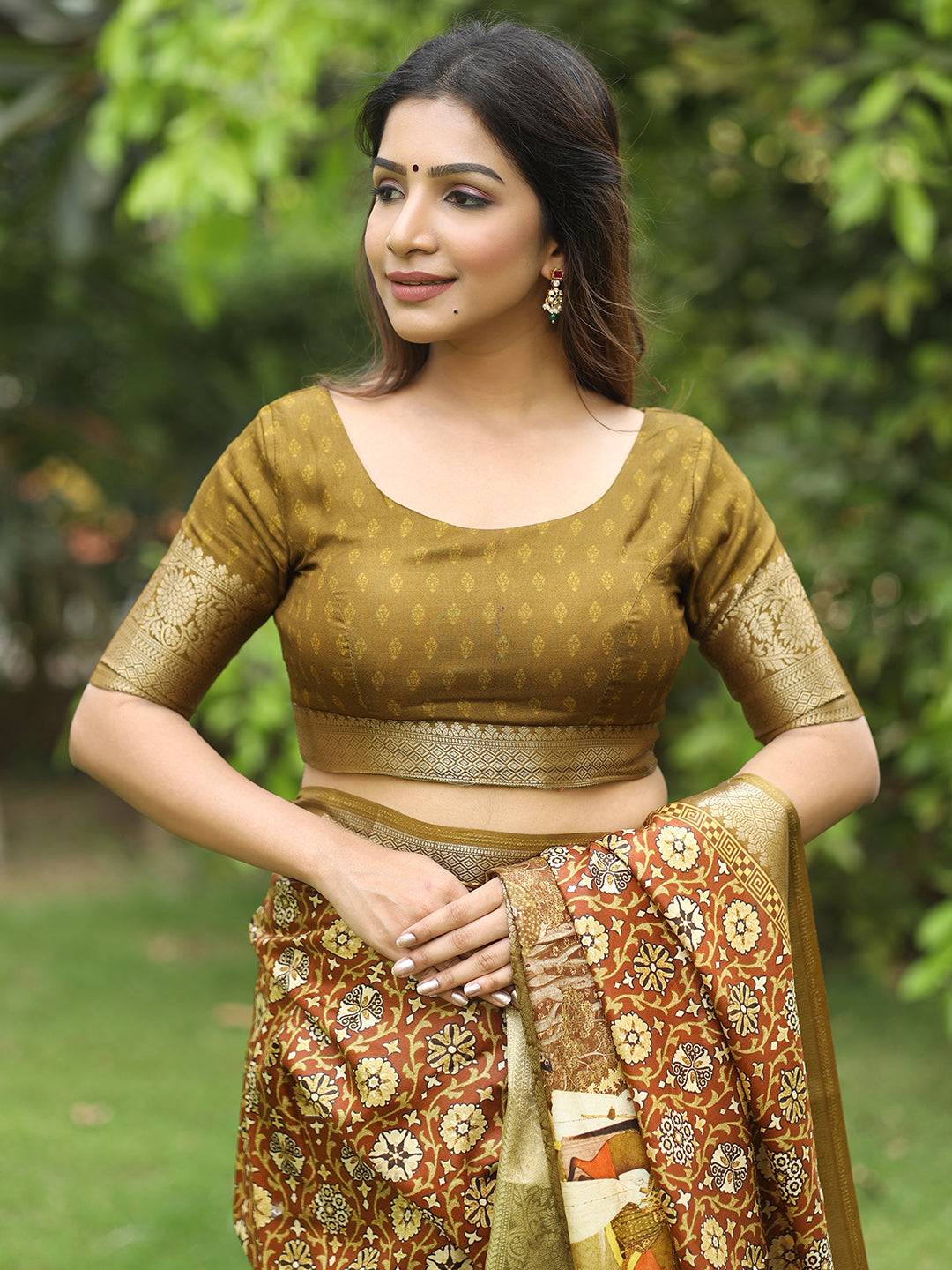 Brown Ajrak Block & Hand Kalamkari Printed Pure Viscose Dola Silk Saree - Luxe