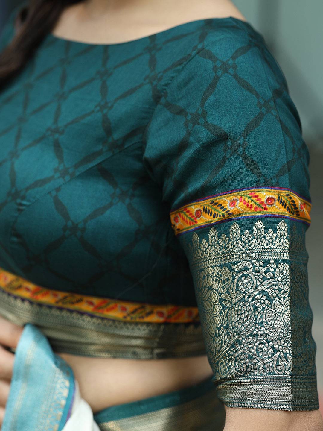 Pichwai Print Zari Weaving Pallu Saree In Pista Colour - Luxe