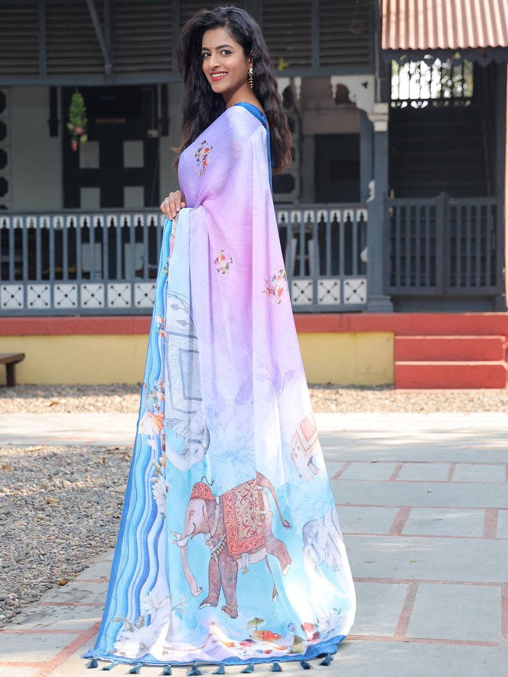 Satin Georgette Lavender Colour Hand Print Saree - Luxe