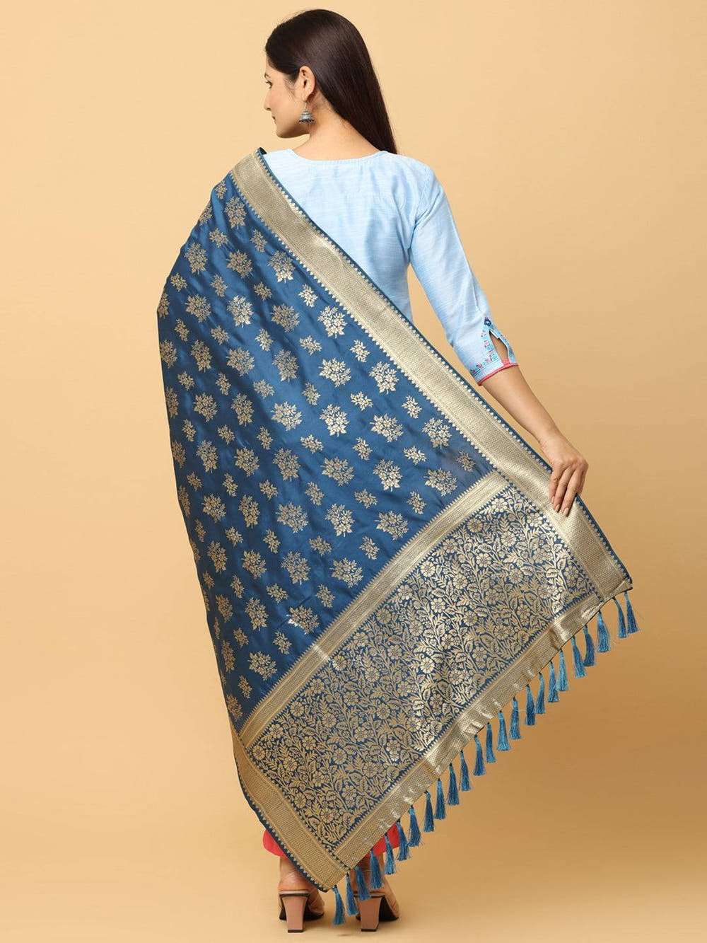 Woven Design Teal Silk Blend Dupatta With Resham Tassels