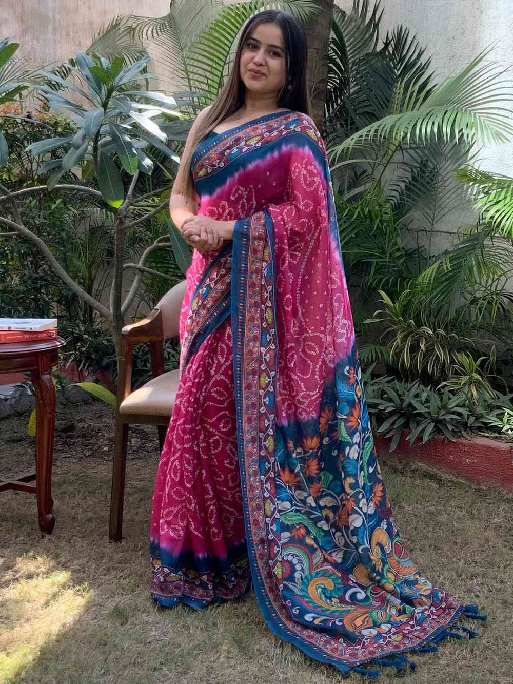 Linen Bandhej Kalamkari Digital Print Saree