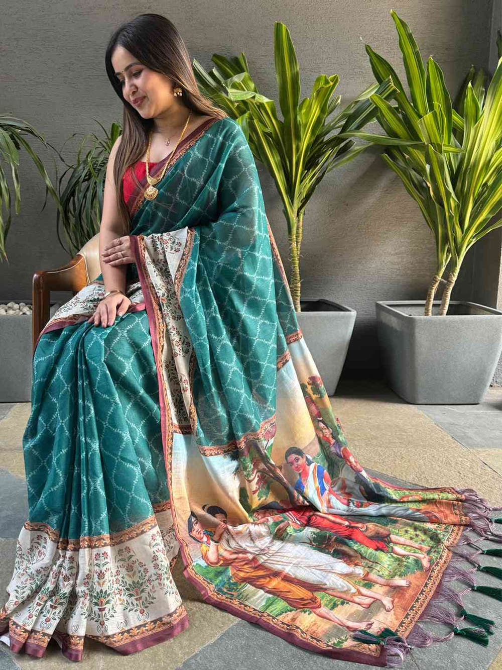 Teal Colour Ikkat Print Saree With kalamkari Block Print Design
