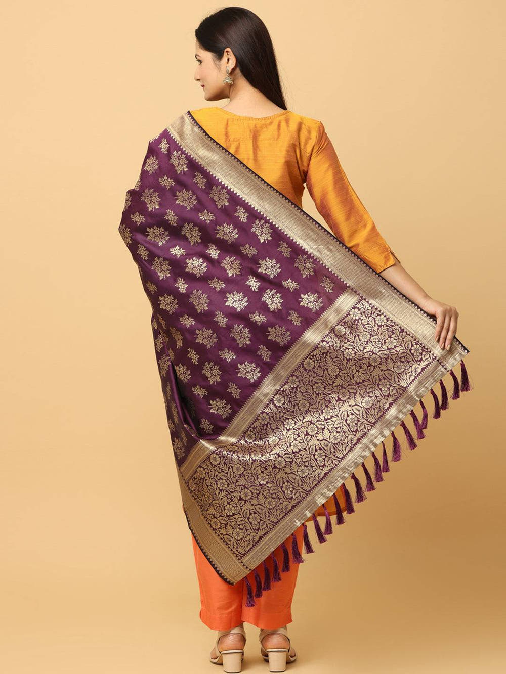 Woven Design Wine Silk Blend Dupatta With Resham Tassels