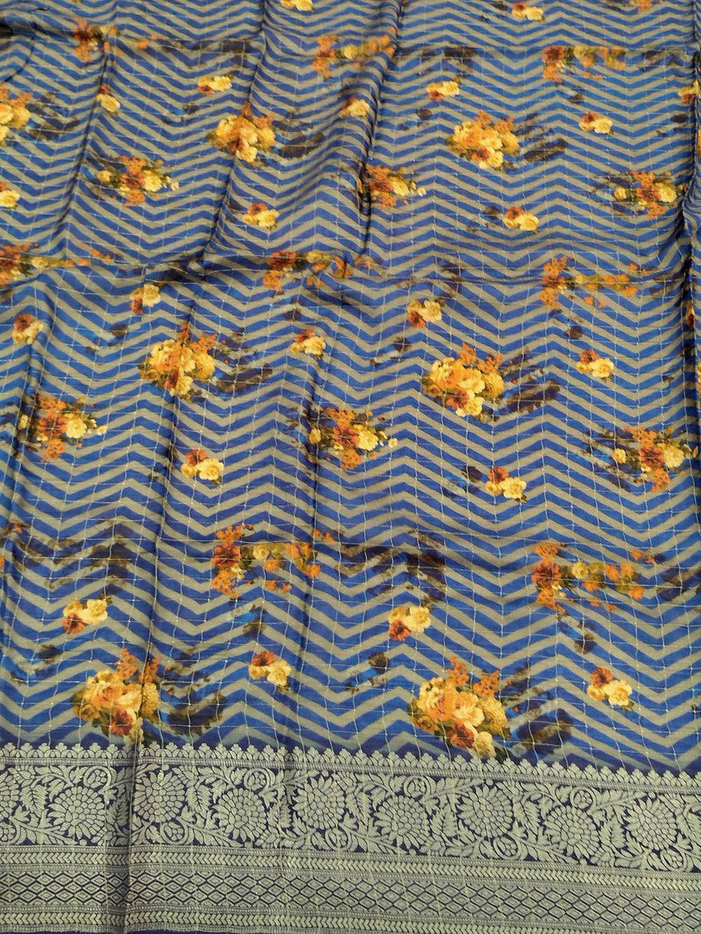 Royal Blue Floral Printed Viscose Saree