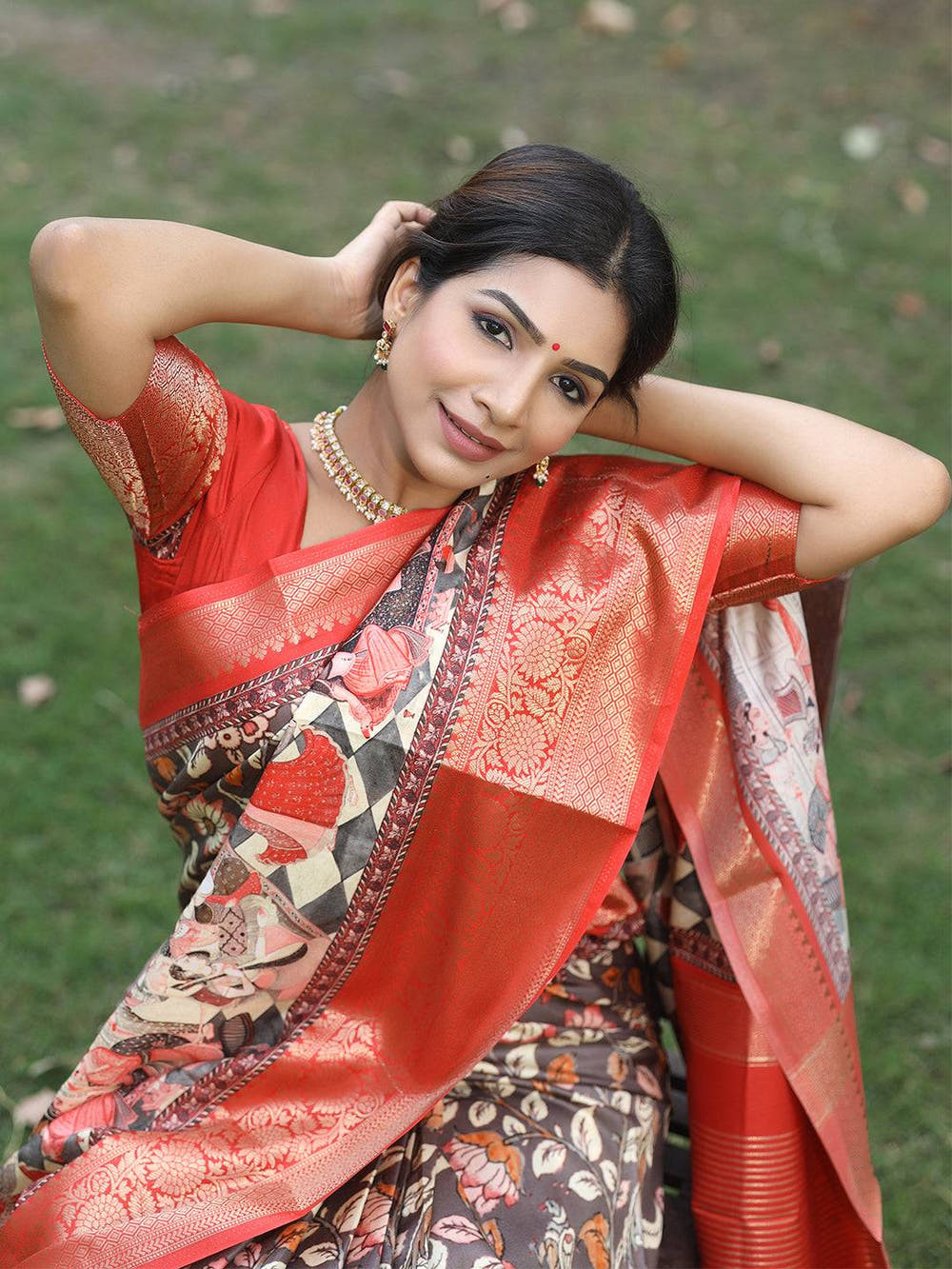 Grey Hand Kalamkari Printed Pure Viscose Dola Silk Saree - Luxe