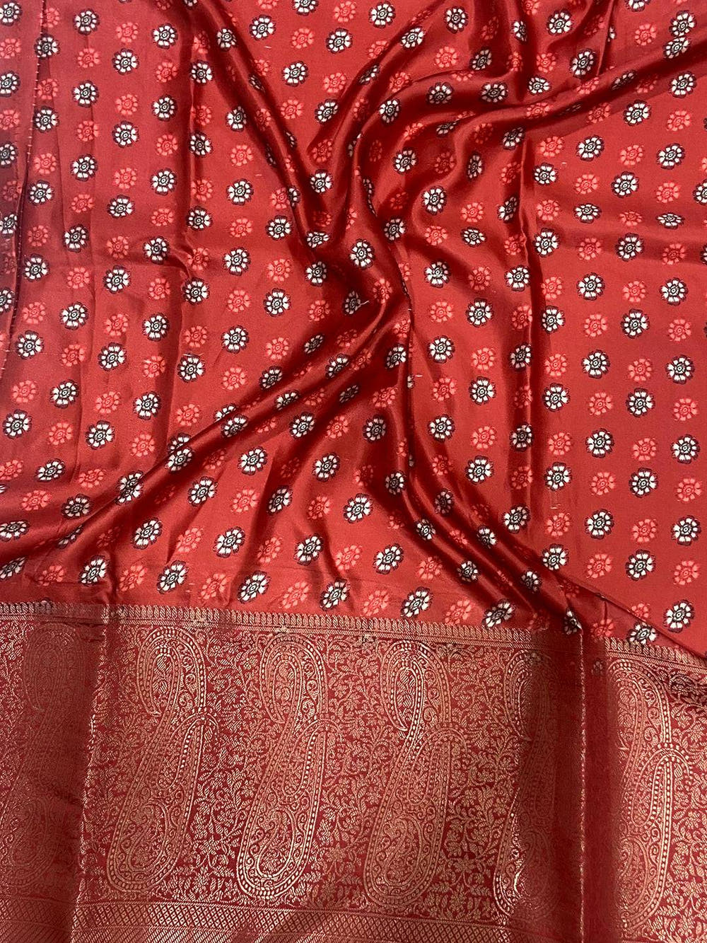 Mustard Yellow Cherry Satin Kalamkari Saree
