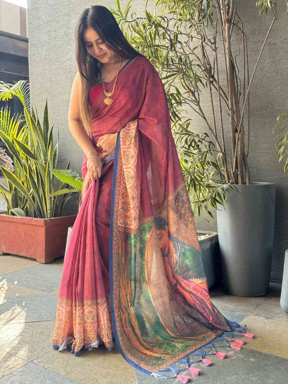 Burgundy Colour Ikkat Print Saree With kalamkari Block Print Design
