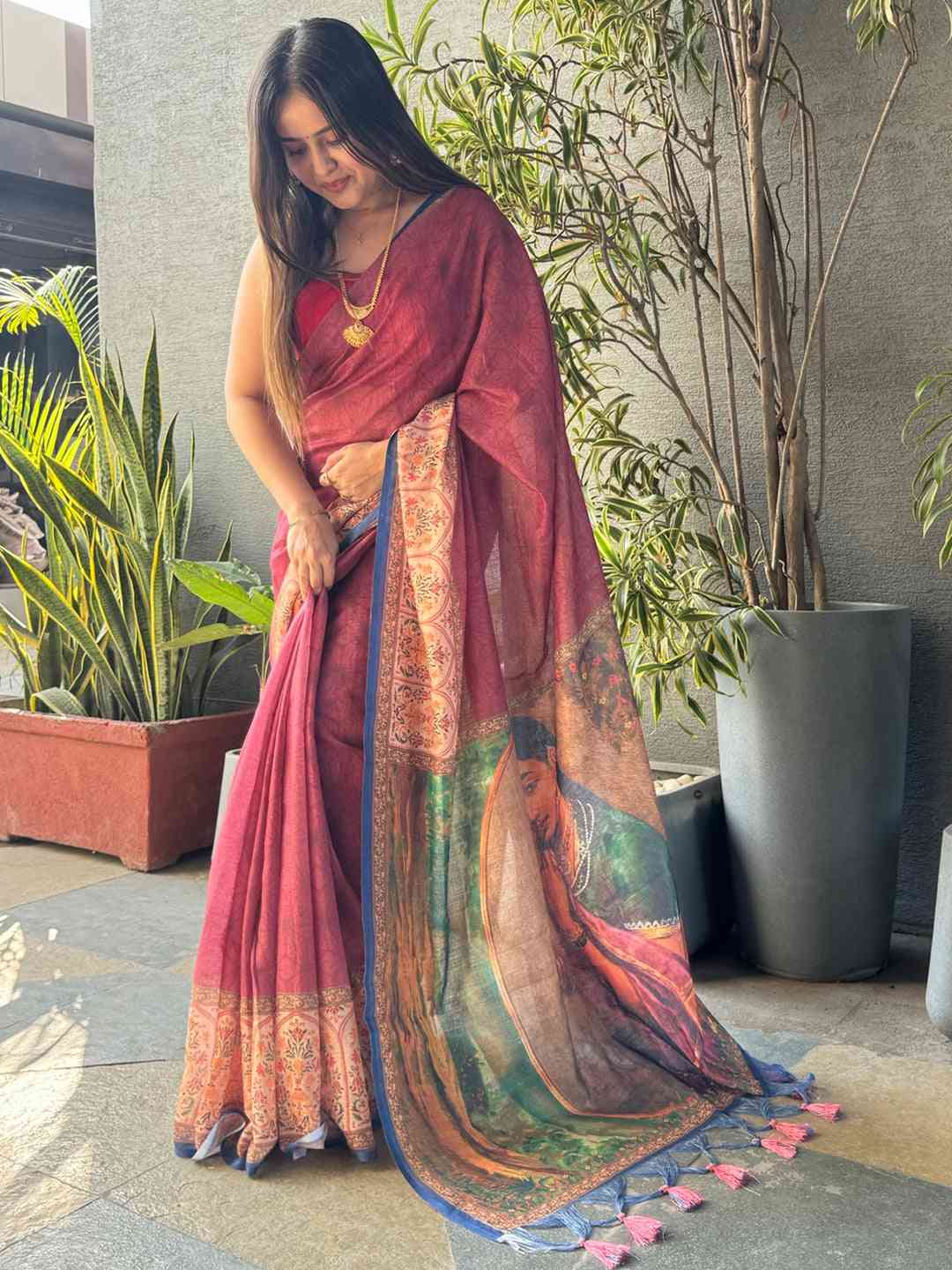 Burgundy Colour Ikkat Print Saree With kalamkari Block Print Design