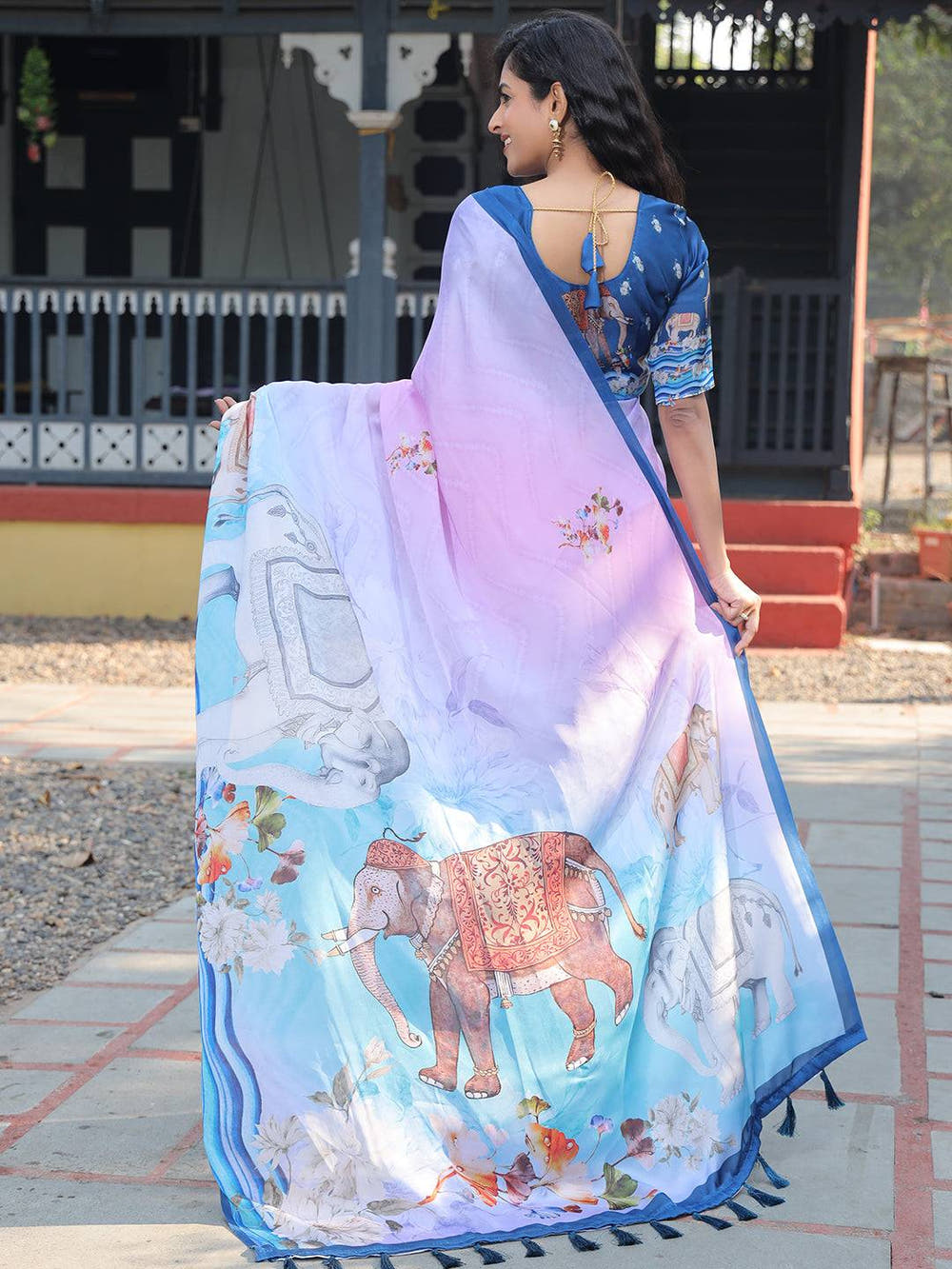 Satin Georgette Lavender Colour Hand Print Saree - Luxe
