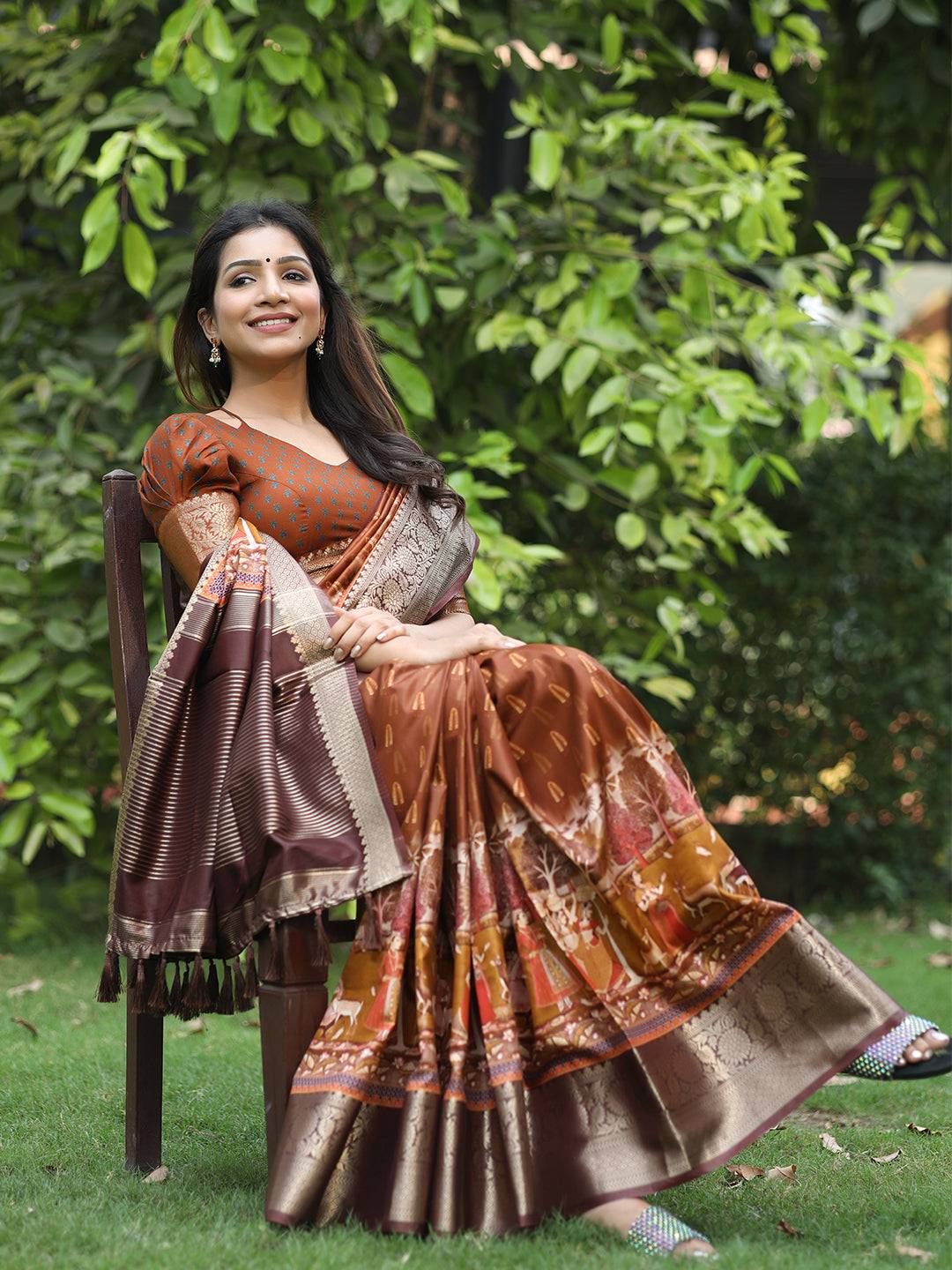 Coffee Brown Hand Kalamkari Printed Pure Viscose Dola Silk Saree - Luxe